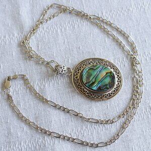 Sterling Chain-Pendant Set 19g - Abalone in Filigree Setting - 24" Italy Figaro